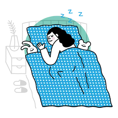 ภาพการ์ตูนของผู้หญิงที่กำลังนอนอยู่บนเตียงใต้ผ้าห่ม บนเตียงมีตุ๊กตารูปกระต่ายและหมีอยู่