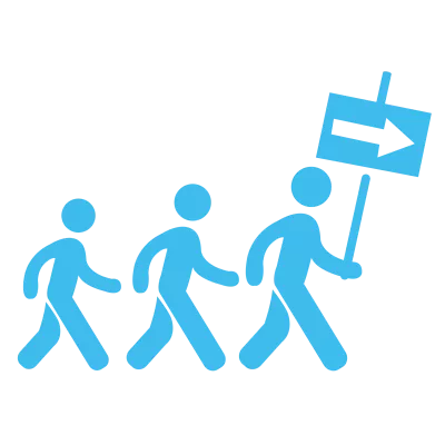 A graphic showing 3 people are walking in the same direction.
