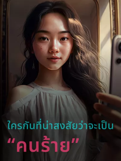 ภาพวาดด้วย AI เป็นภาพของหญิงสาวกำลังถ่ายภาพเซลฟี่ของตัวเองหน้ากระจก หญิงสาวสวมชุดเปิดไหล่สีอ่อน ในห้องมีหน้าต่างที่มีขอบหน้าต่างสีทอง ใต้ภาพมีข้อความเขียนว่า "ใครกันที่น่าสงสัยว่าจะเป็นคนร้าย"
