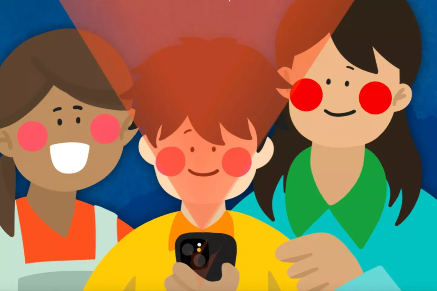 Colorful cartoon of three smiling children looking at a smartphone together, with bright round cheeks and simple facial features.