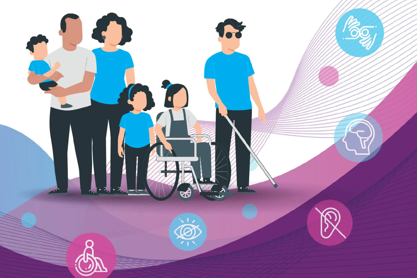An illustration of a grop of people. There are a father, who is holding a baby, and a mother. There are also a girl who is in a wheelchair, and a boy who is walking with a cane, showing that he is blind. The background is purple with a wave pattern and has icons of a brain, an eye, an ear, and a wheelchair. The image conveys the idea of inclusivity and accessibility for people with disabilities.