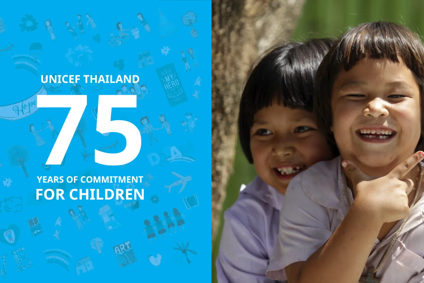 ภาพปกเว็บไซต์หน้าดาวน์โหลดหนังสือครบรอบ 75 ปี ของยูนิเซฟ ประเทศไทย ด้านซ้ายของภาพเป็นพื้นหลังสีฟ้าสดใส มีข้อความเป็นตัวอักษรภาษาอังกฤษสีขาว เขียนว่า "UNICEF THAILAND 75 YEARS OF COMMITMENT FOR CHILDREN" ล้อมรอบไปด้วยภาพกราฟิกรูปต่าง ๆ ที่สื่อถึงความหวัง ความรัก การสนับสนุนเพื่อสิทธิเด็กและการศึกษา ด้านขวาของรูป เป็นภาพของเด็กเล็กสองคนกำลังยิ้มอย่างมีความสุข