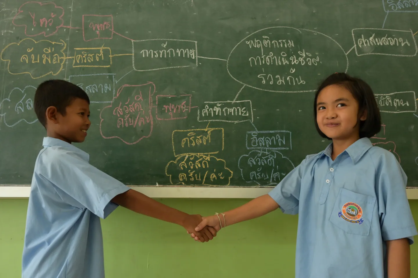 Two young male and female students are shaking hands