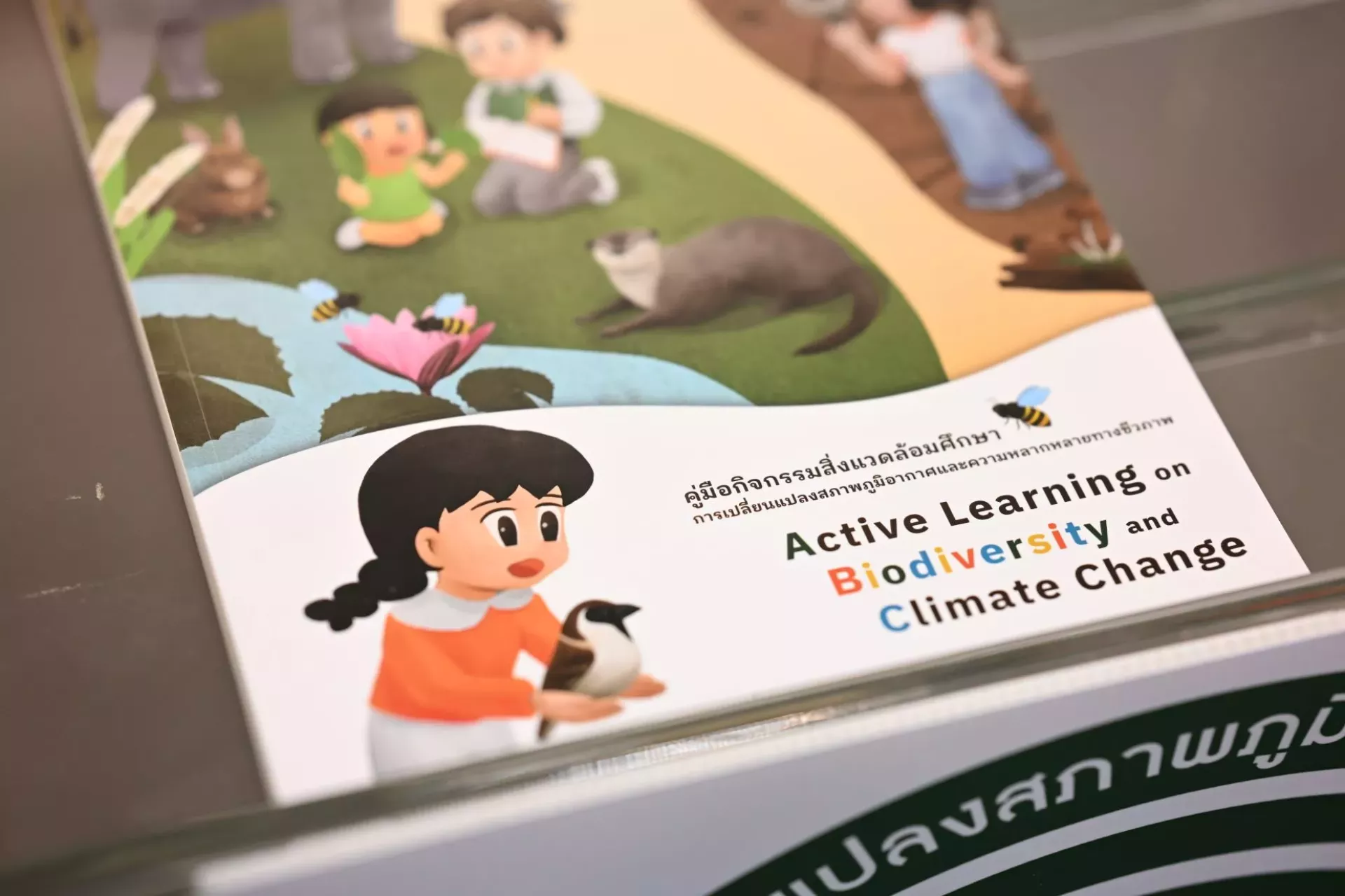 ภาพระยะใกล้ของหนังสือคู่มือการศึกษา ชื่อ "Active Learning on Biodiversity and Climate Change" โดยมีภาพปกที่เต็มไปด้วยสีสัน ภาพปกแสดงตัวละครการ์ตูน รวมถึงเด็กที่ถือนก และมีองค์ประกอบธรรมชาติ เช่น พืช สัตว์ และแมลง ข้อความบนปกมีทั้งภาษาไทยและภาษาอังกฤษ โดยชื่อภาษาไทยอยู่เหนือชื่อภาษาอังกฤษ