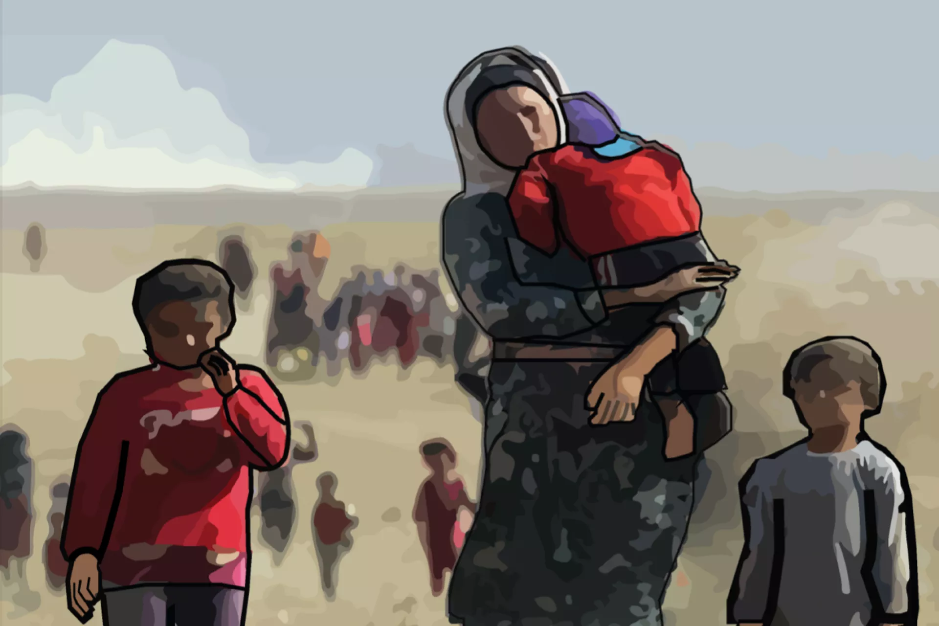 A photo of migrant family. A mother is holding her baby in her arm while her 2 other children are following her closely. The photo is blurred out. 