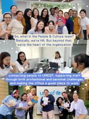 ภาพคอลลาจบอกเล่าเส้นทางฝึกงานของมะนาว: เข้าร่วมกิจกรรมภายในยูนิเซฟ, ระดมความคิด, และพบปะผู้คน ข้อความสะท้อนถึงการเติบโตทั้งด้านอาชีพและส่วนตัวของเธอ