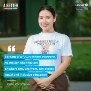 An image of a young woman standing outdoors, wearing a white T-shirt with &amp;quot;Beverly Hills Polo Club&amp;quot; and a teddy bear illustration. Overlaid text reads: &amp;quot;I want to see a tomorrow where everyone, regardless of their status or where they are from, can access equal and inclusive education.&amp;quot; The UNICEF logo and the slogan &amp;quot;A Better Tomorrow Today&amp;quot; are also visible.