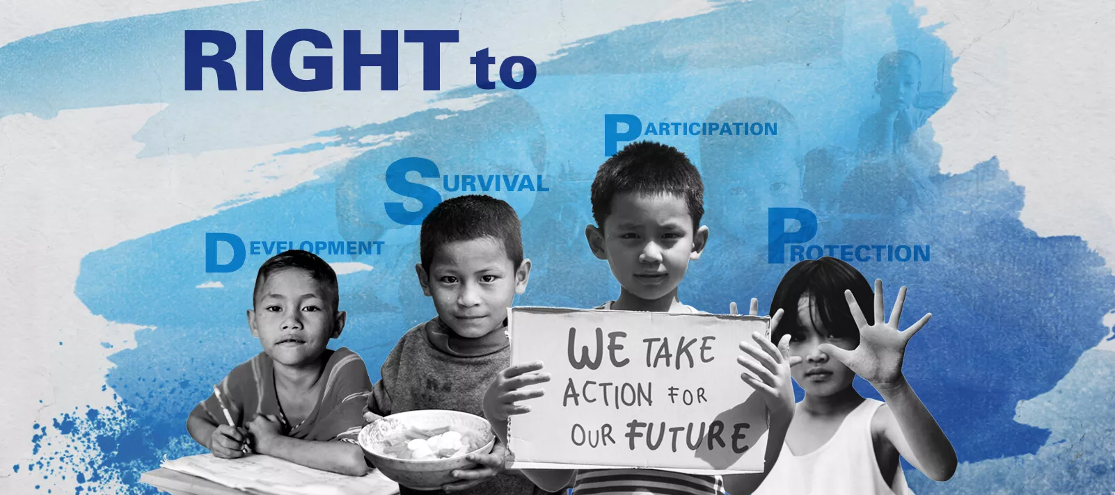 An image of 3 boys and a girl representing 4 basic child rights: development, survival, participation and protection.