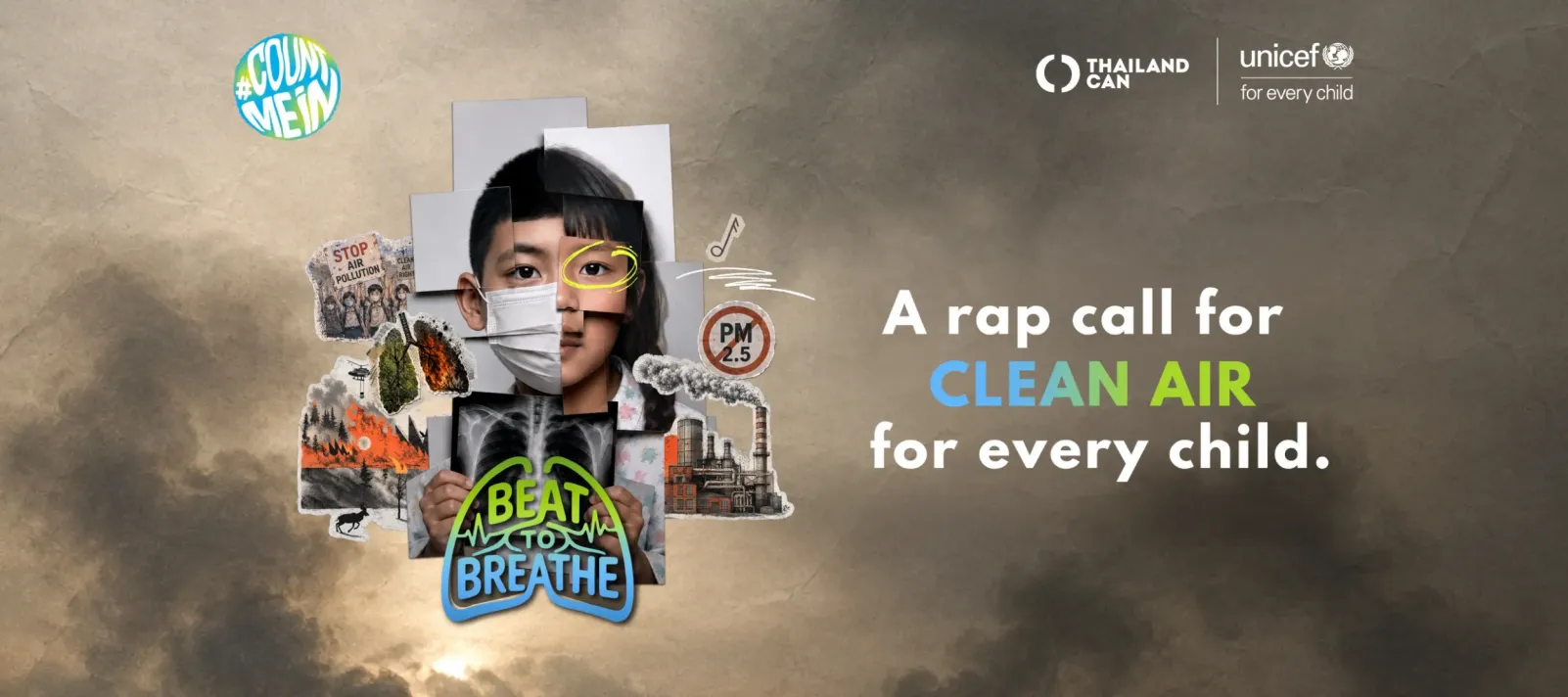 Illustration advocating children&rsquo;s right to clean air, showing a child amid imagery of PM2.5, smoke, fires and air pollution, with the English message "A rap call for CLEAN AIR for every child".