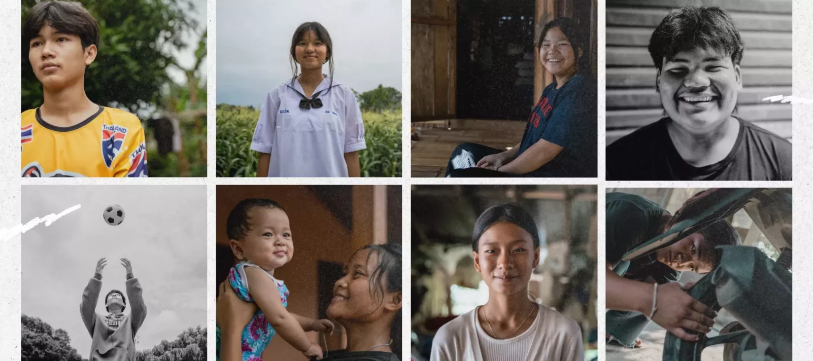 A collage of eight photos featuring individuals of various ages, mostly children and young adults, with diverse expressions and settings. Some are smiling, while others appear thoughtful. The photos include a boy in a yellow jersey, a girl in a school uniform, and a mother holding her baby. The background varies from outdoor fields to indoor wooden houses.