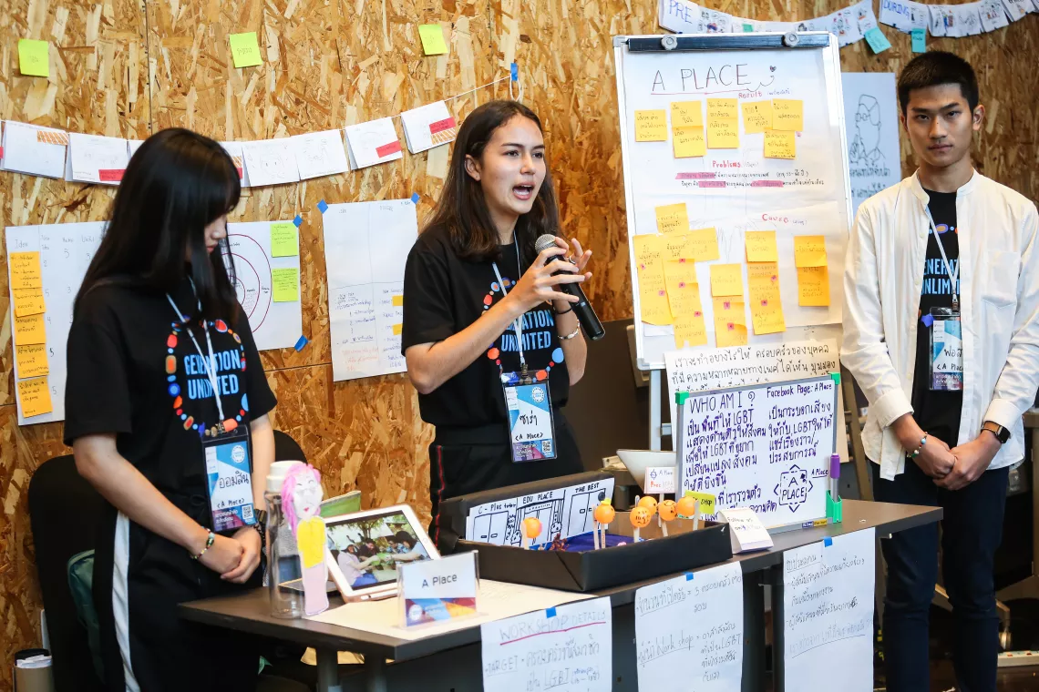 Youth representatives who participate in UNICEF's Generation Unlimited Challenge are presenting their project.