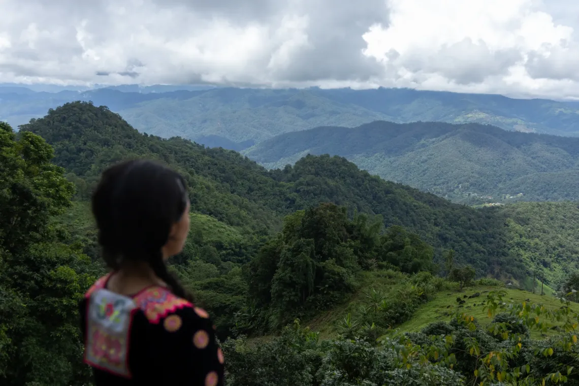 A person stands in the foreground looking out over layers of lush green mountains beneath heavy clouds.
