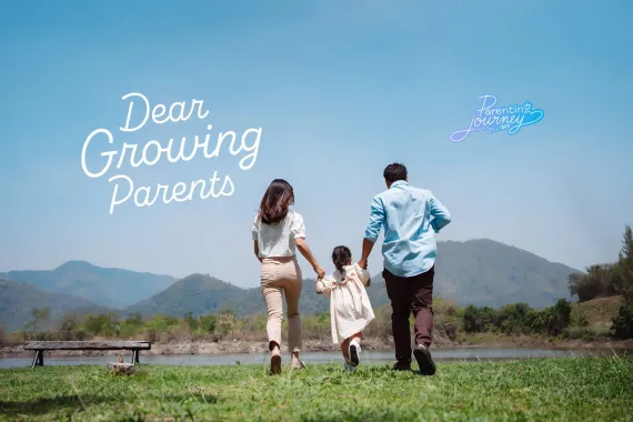 Graphic with a photo of two parents holding a young child&rsquo;s hands as they walk across grass by a river with mountains in the background, with text reading &ldquo;Dear Growing Parents,&rdquo; the &ldquo;Parenting Journey&rdquo; logo, and the UNICEF logo with the words &ldquo;for every child.&rdquo;