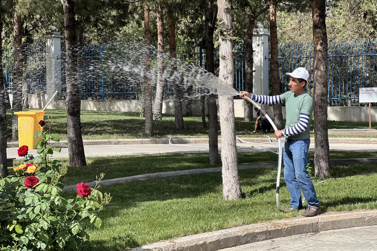 A man watering flowers