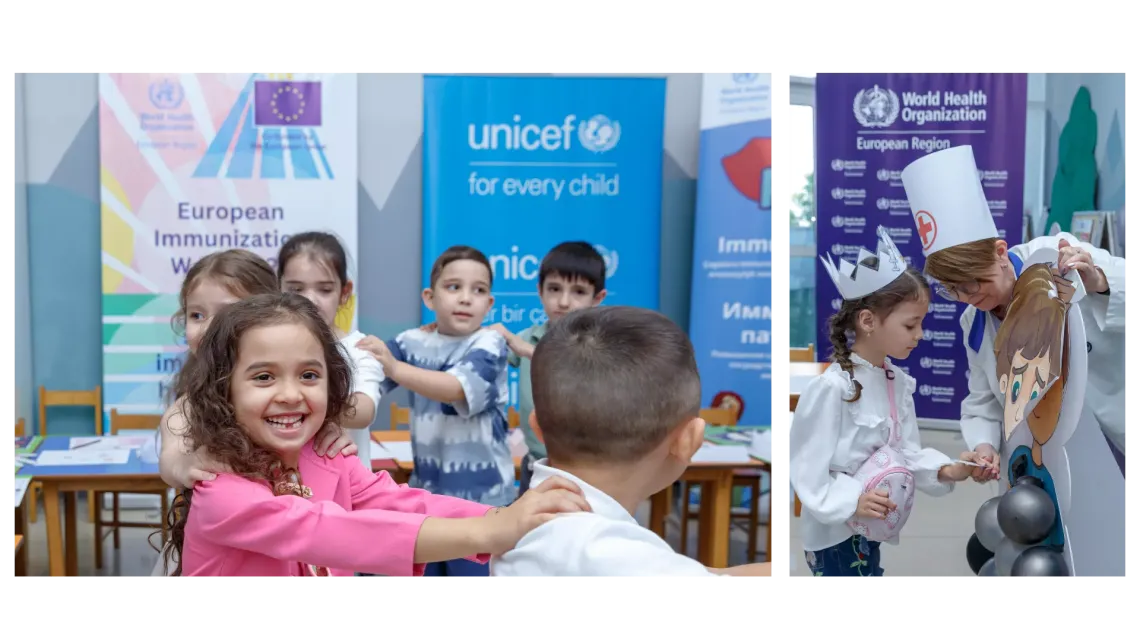 Collage: on the left children playing. On the right teacher and a child during the activity