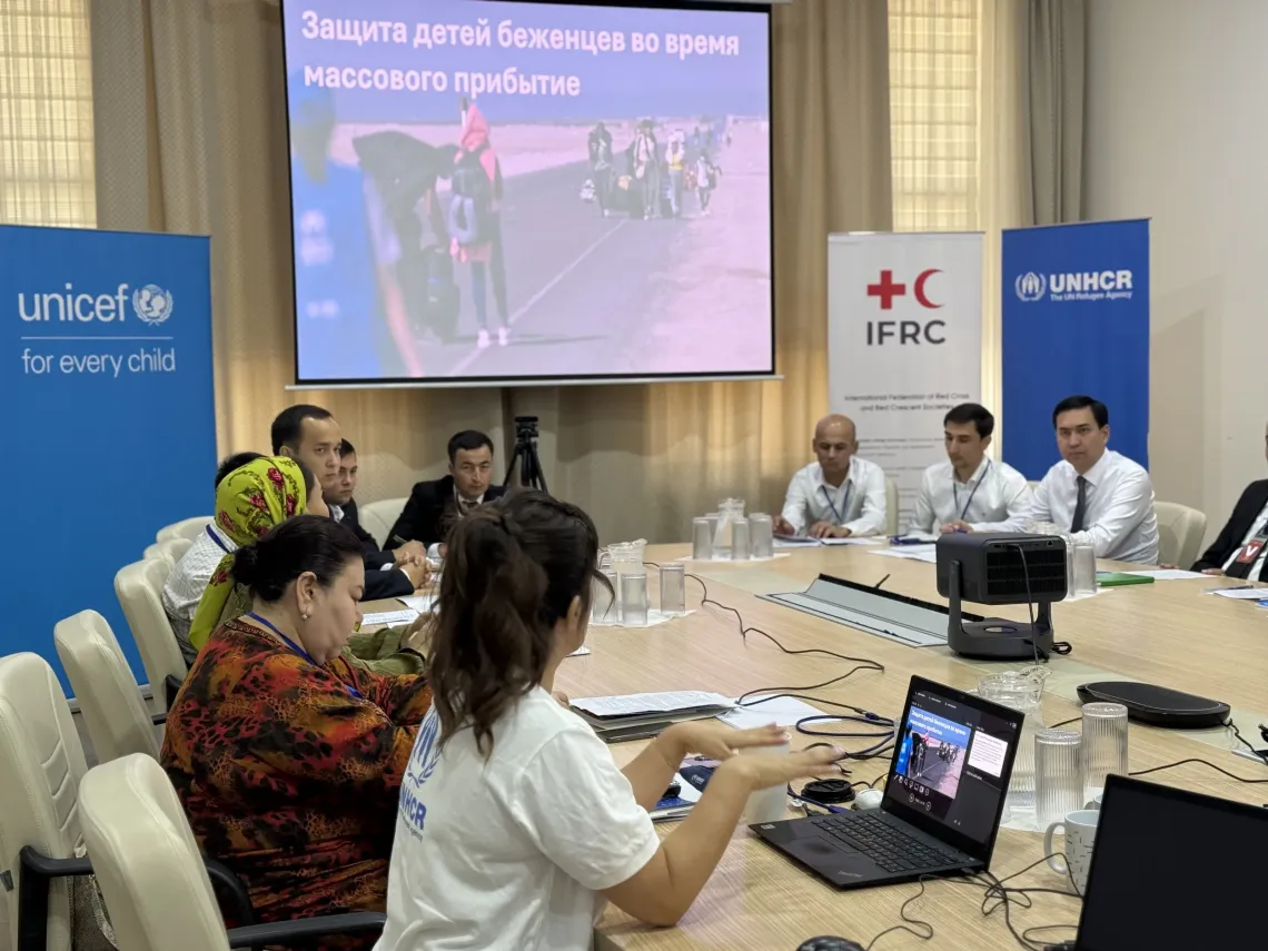 : A facilitator delivering a presentation titled "Child Refugee Protection During Mass Influx" to seated government and partner representatives in a training room.