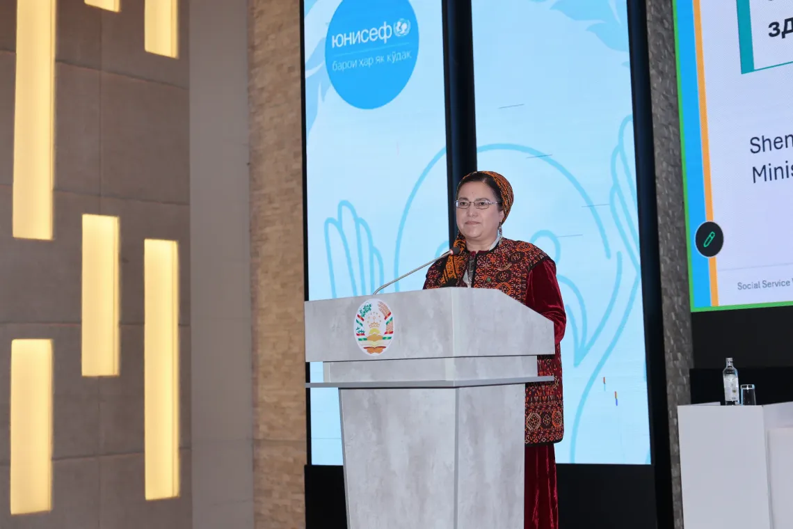 Shemshat Abdyeva, Head of the Social Provision Division at Turkmenistan's Ministry of Labour and Social Protection of the Population, presenting Turkmenistan&rsquo;s national model of professional social work.