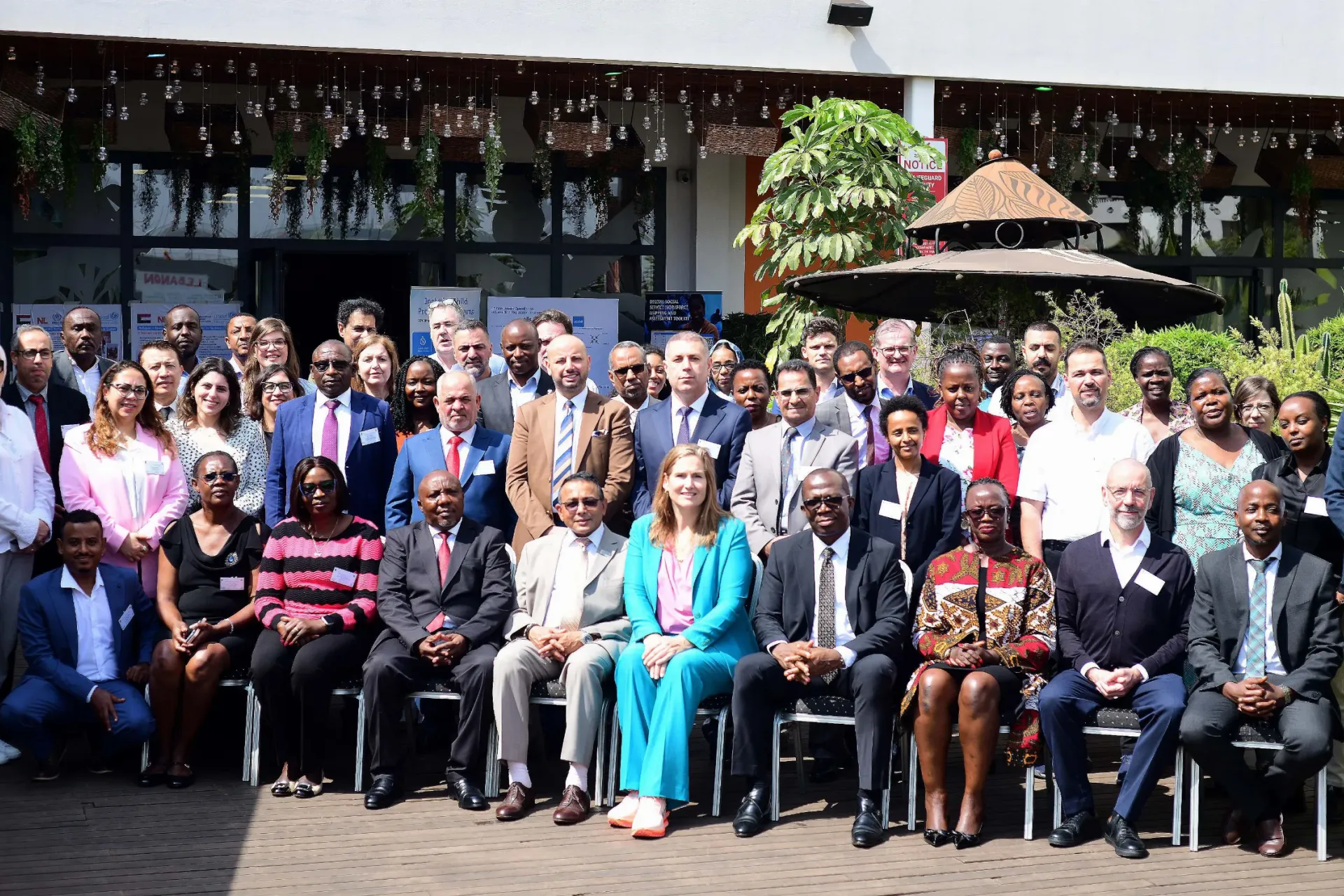 Frontline: Commissioner Youth and Children Affairs, Ministry of Gender, Labour and Social development Ngabirano Fred (4th left), UNICEF Representative in Uganda Dr. Robin Nandy (5th left), Netherlands Ambassador to Uganda H.E. Frederieke Quispel (6th left), UNHCR Representative in Uganda Matthew Crentsil (7th left), and other government, UNICEF, and UNHCR officials from eight countries; Egypt, Ethiopia, Iraq, Jordan, Kenya, Lebanon, Sudan, and Uganda&mdash;share a group picture.