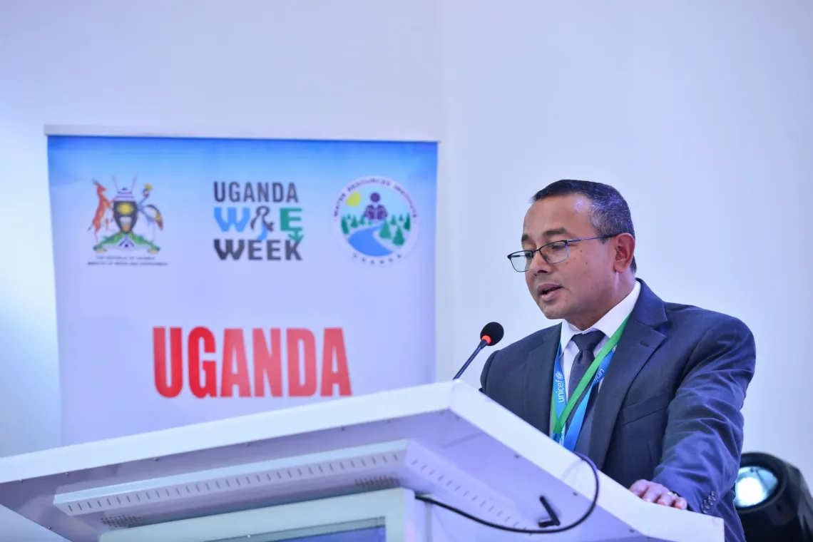 Dr Robin Nandy delivers remarks at the launch of Uganda&rsquo;s Water, Sanitation and Hygiene National Adaptation Plan (WASH-NAP) during the 9th Uganda Water and Environment Week, underscoring the importance of climate-resilient water and sanitation systems for children and communities.