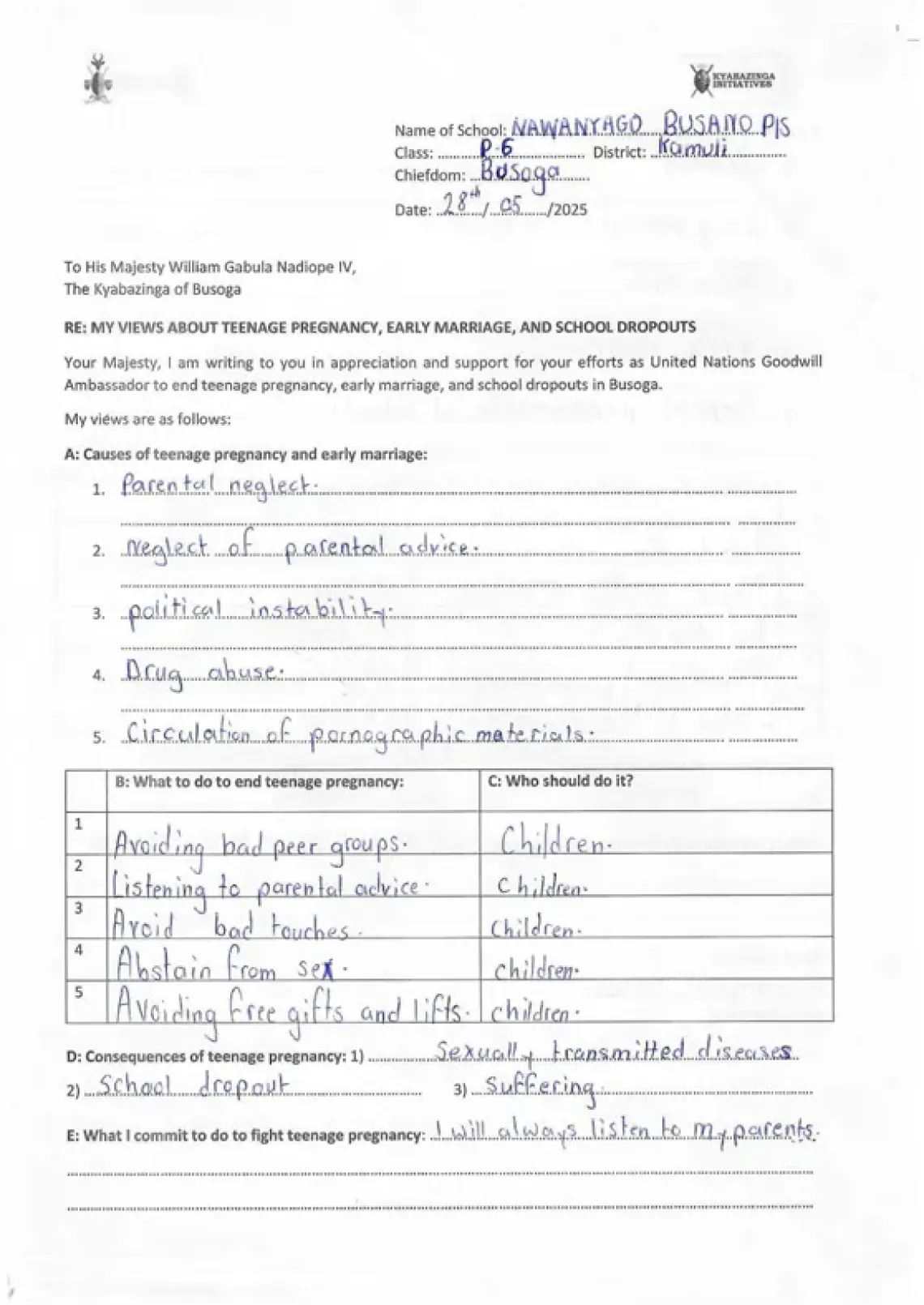 letter to Kayabazinga