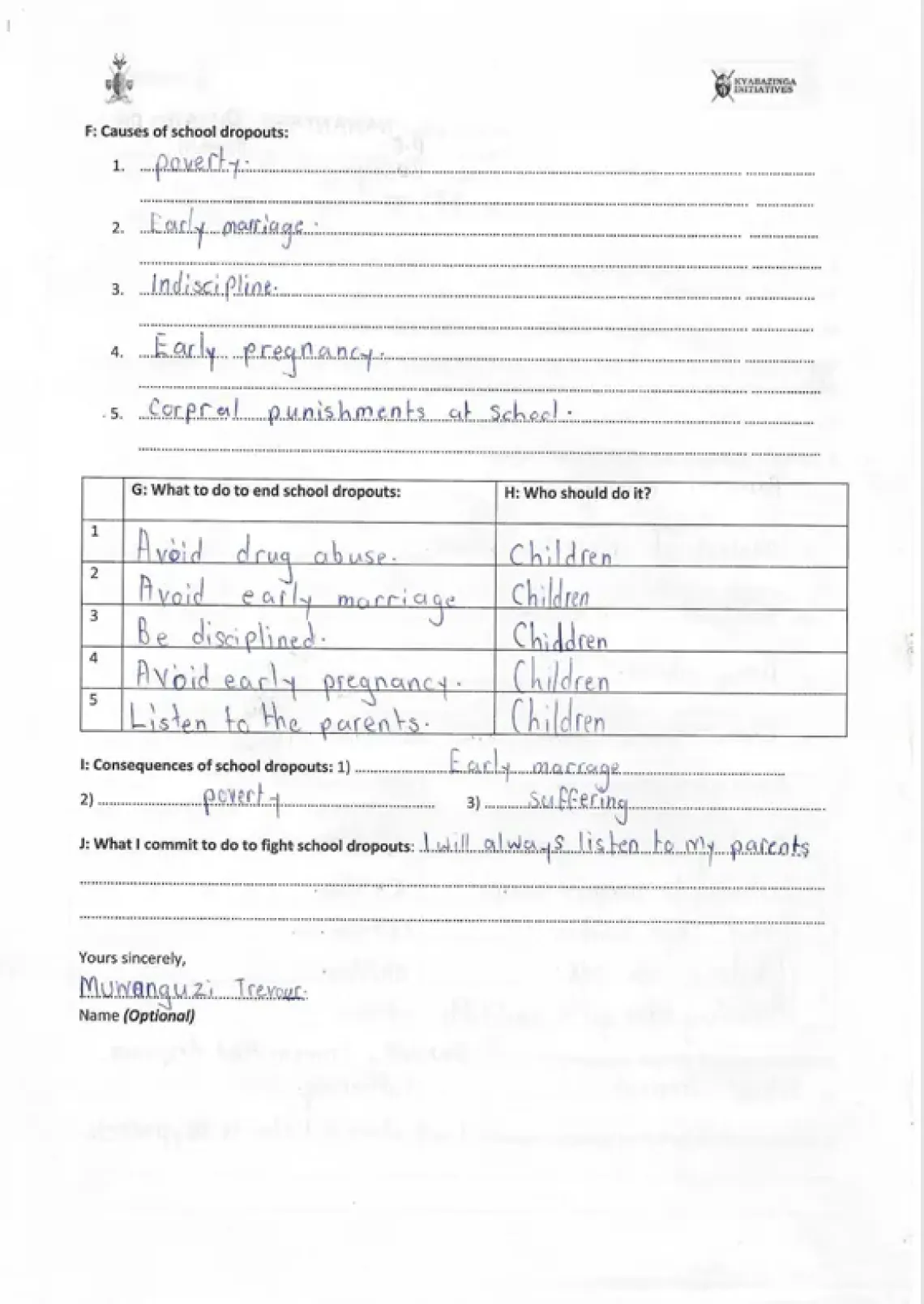 Letter to Kayabazinga