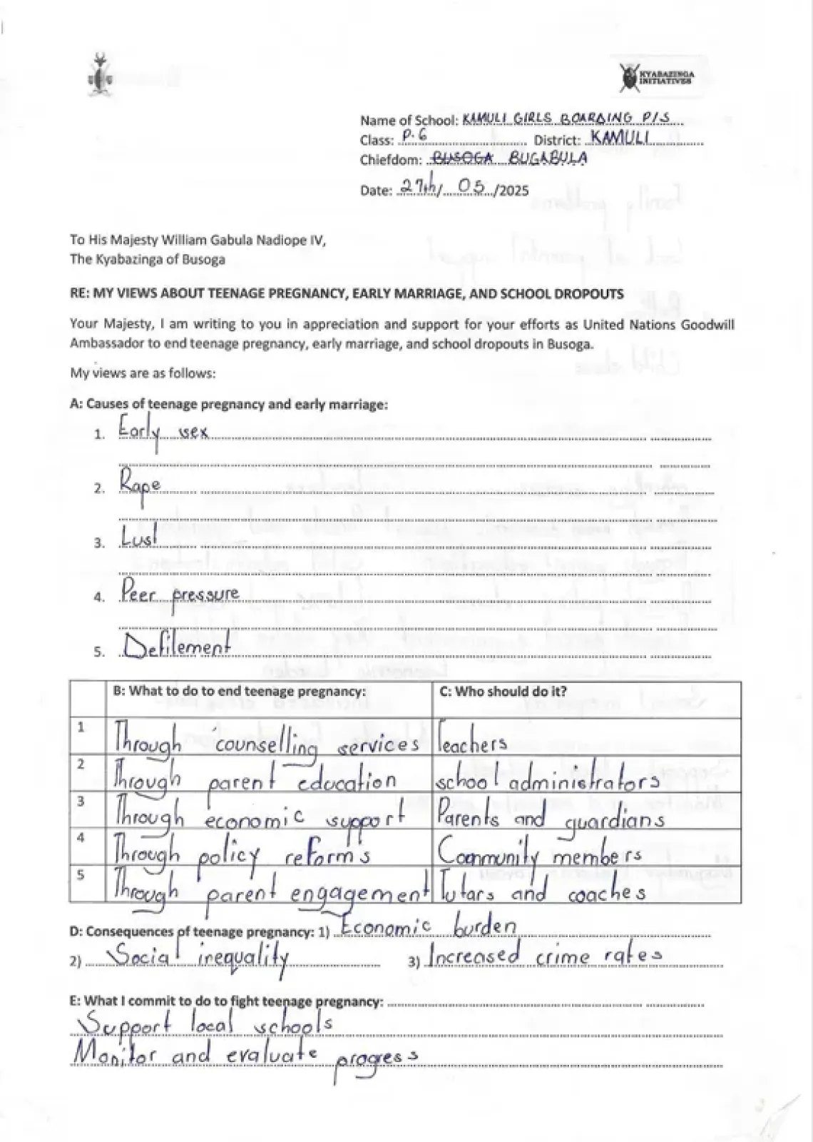 Letter to Kayabazinga