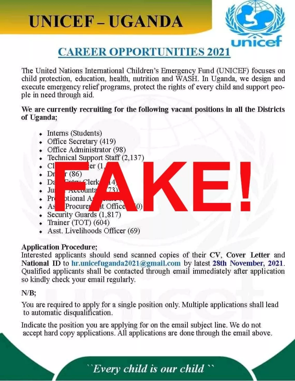 UNICEF Uganda False Fake Job Advert Alert on WhatsApp message