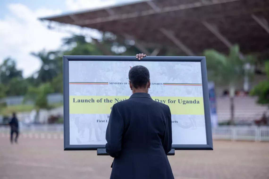 A plaque to commemorate the launch of Uganda&rsquo;s first ever National Play Day is signed by Maama &nbsp;Janet Kataaaha Museveni, the First Lady of Uganda and Minister of Education and Sports.