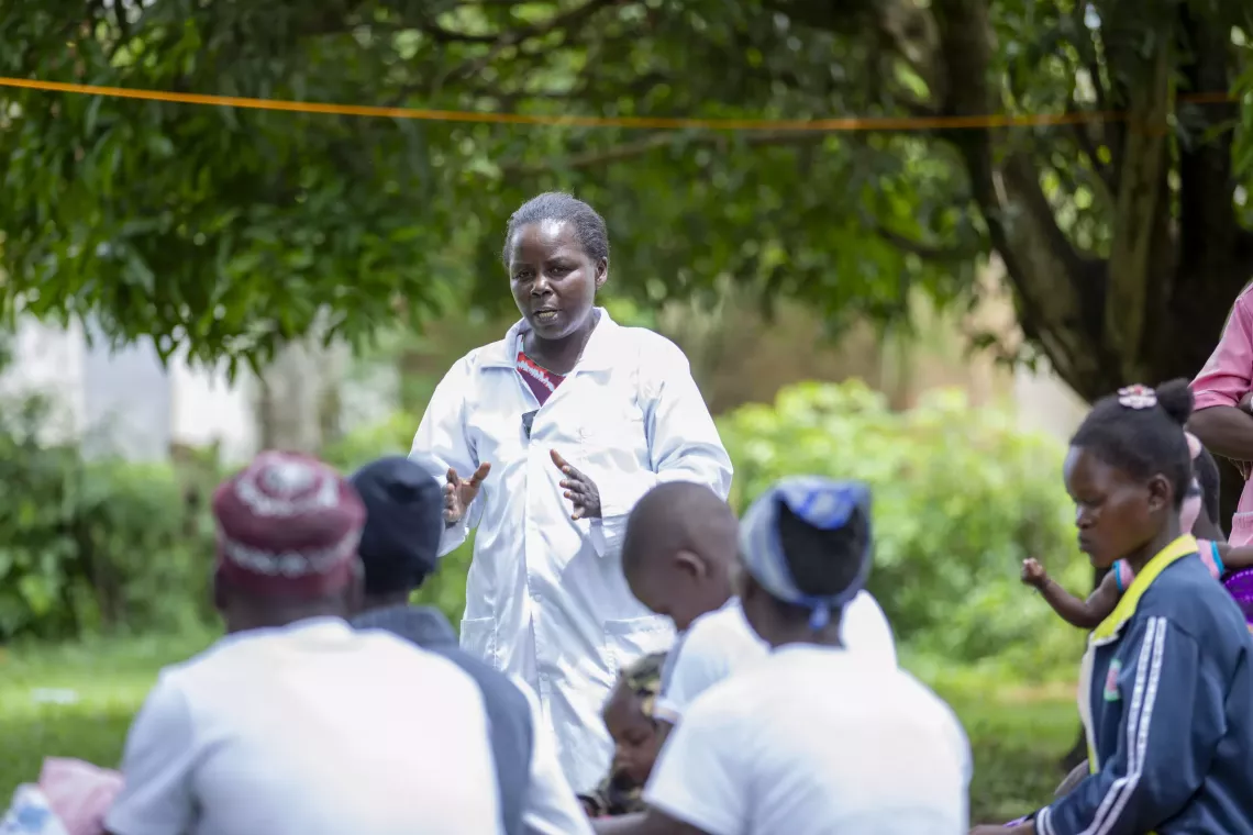 Interacting with adolescents Nurse Juliet Agutu emphasizes the importance of good nutrition during and after pregnancy, at St. Matia Mulumba Health Centre III, Buswale Sub-county, Namayingo District &ndash; 7 May 2025.