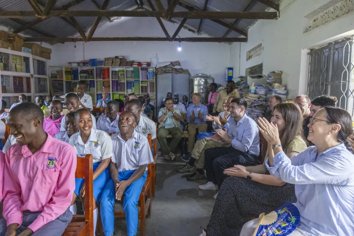 Members of the Life Skills Club at Rwamwanja Secondary School in Kamwenge District with Swedish Members of Parliament during their visit to Uganda. The MPs observed student projects developed through the Life Skills and Digital Learning programmes, including an online school report system, a school fees management platform, and a student voters registry.