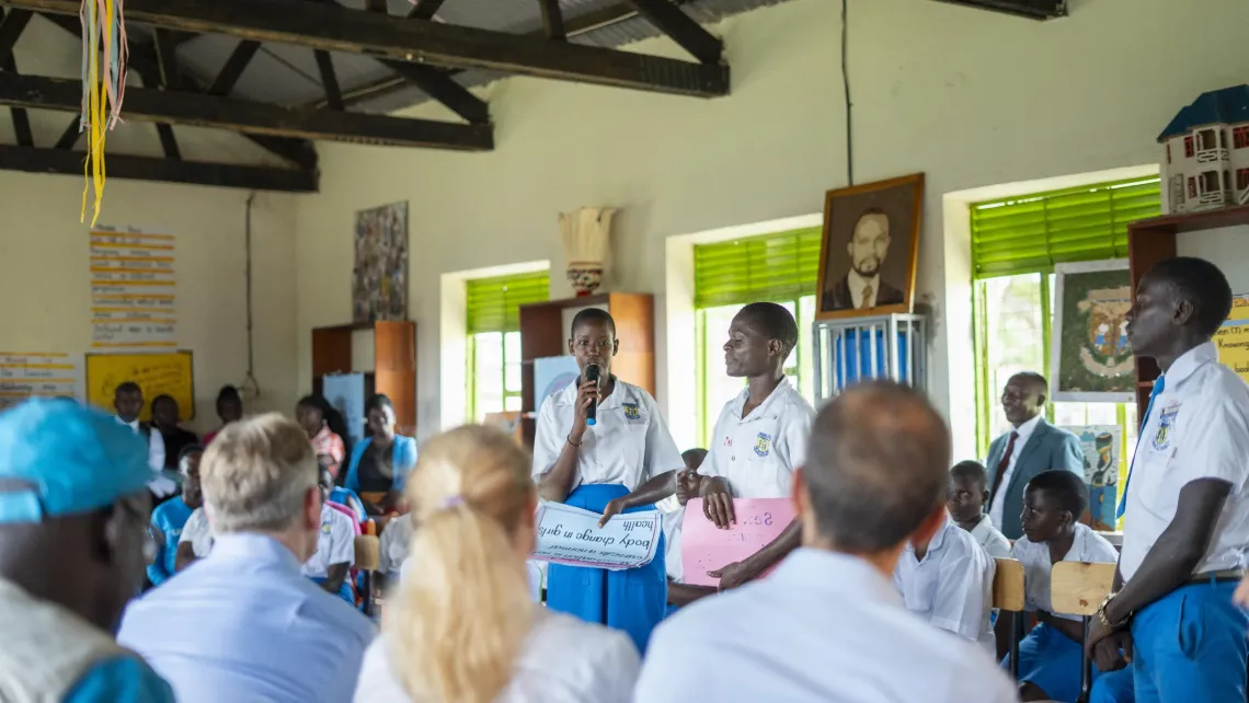 Members of the Life Skills Club at Rwamwanja Secondary School discuss myths and facts about menstrual hygiene management. The club provides a safe space for students to learn life skills, challenge stigma, and promote gender equality among adolescents in refugee and host communities.