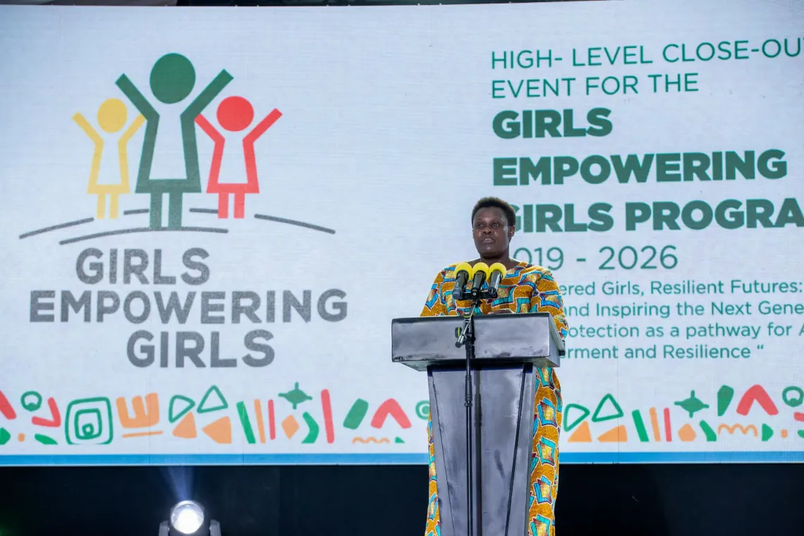 H.E. Vice President Jessica Alupo addresses the gathering at the High-Level Close-Out Event for the Girls Empowering Girls programme, City Hall, Kampala, 17 April 2026. 