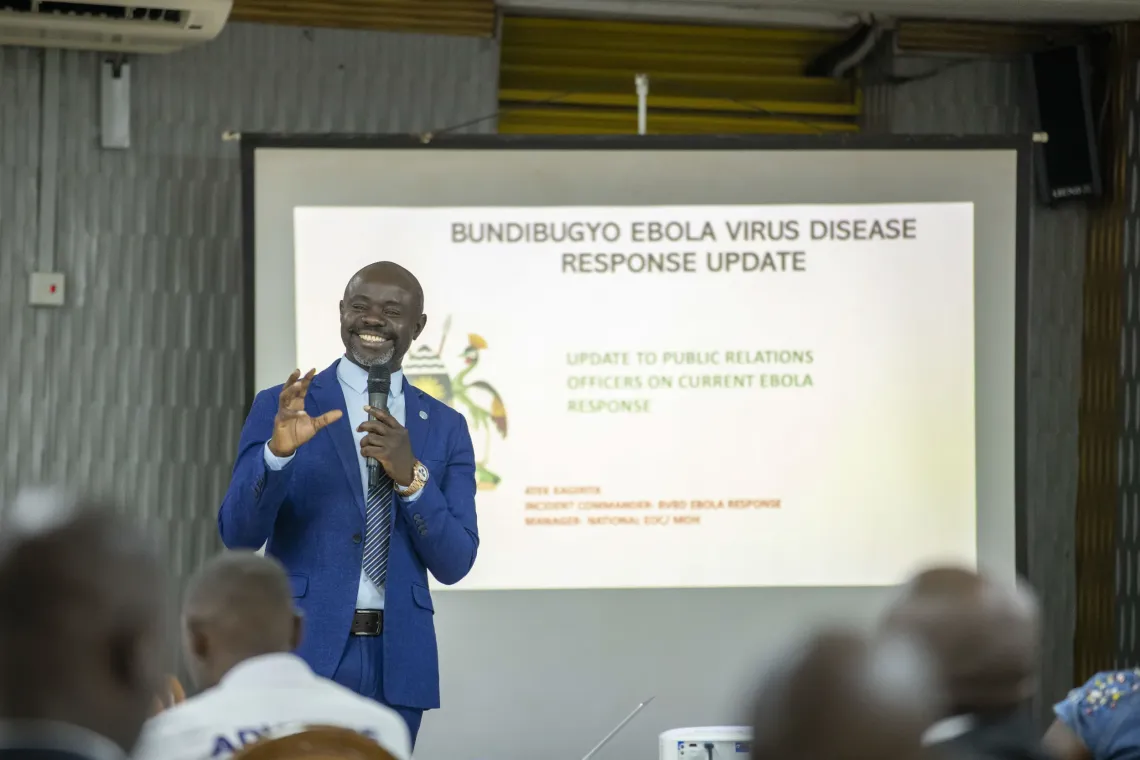 Dr. Atek Kagirita, Ebola Incident Commander at the Ministry of Health, addresses Government Communication Officers during a public health emergency communication engagement organised by the Ministry of Health with support from UNICEF.
