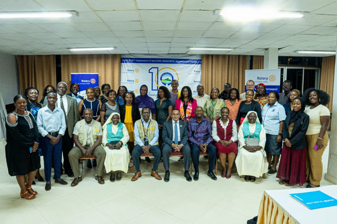 Attendees pose for a group photograph during the inaugural fellowship of the Rotary Club of Kisugu Victoria View for the 2026/2027 Rotary year at Hotel International Muyenga in Kampala, Uganda, on July 7, 2026. 