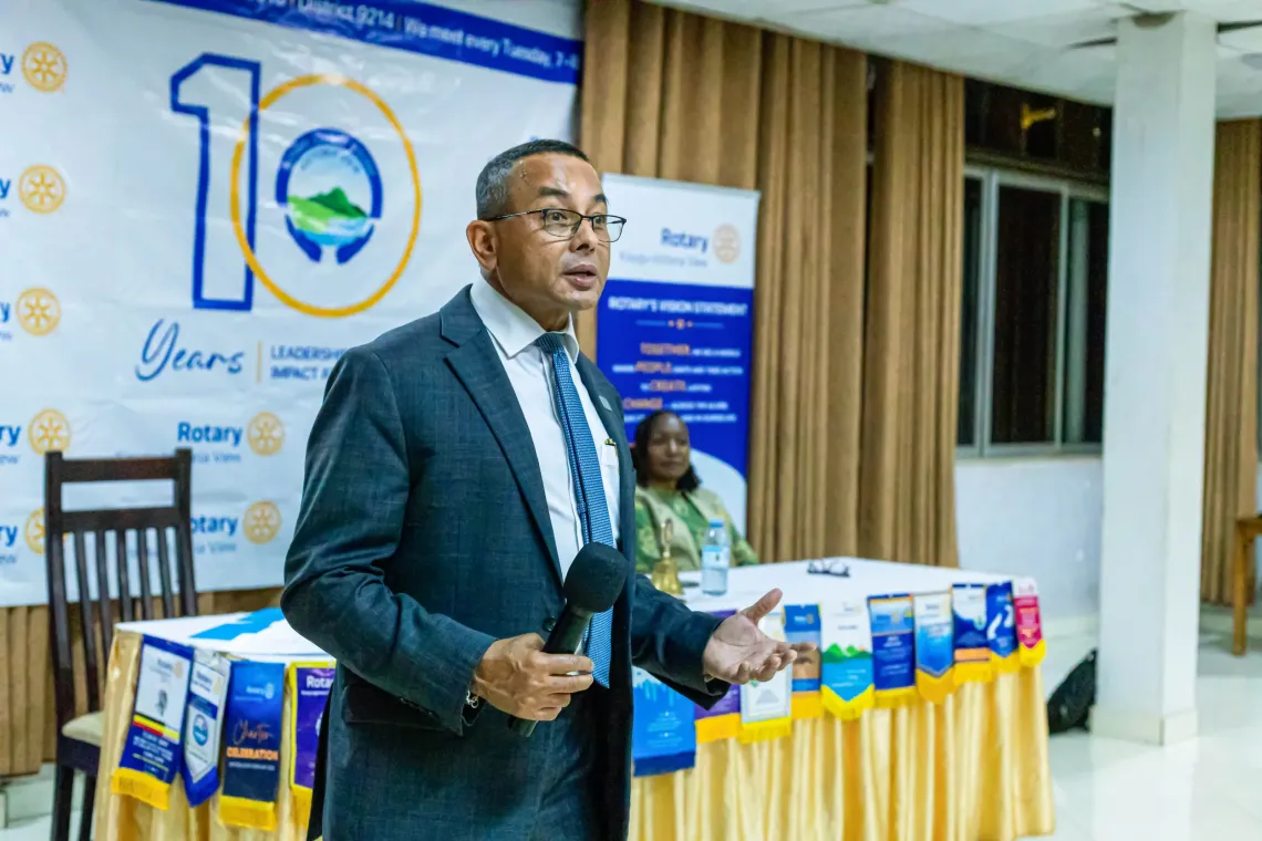 Dr. Robin Nandy, UNICEF Uganda Country Representative, delivers a keynote address during the inaugural fellowship of the Rotary Club of Kisugu Victoria View for the 2026/2027 Rotary year at Hotel International Muyenga in Kampala, Uganda, on July 7, 2026. 