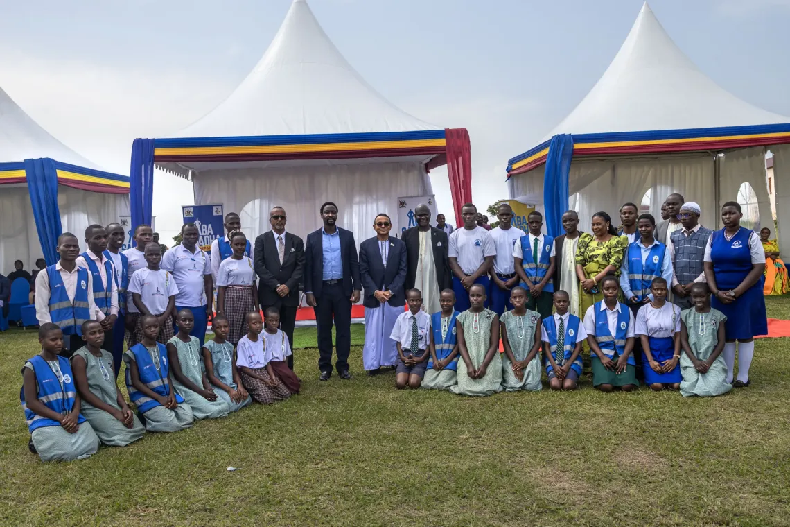 His Majesty William Wilberforce Kadhumbula Gabula Nadiope IV, the Kyabazinga of Busoga, poses for a group photograph with guests alongside Dr. Robin Nandy, UNICEF Uganda Country Representative, and Owek. Al-Hajj Ahmed Osman Noor, Deputy Prime Minister and Head of Partnerships for the Busoga Kingdom, during the UNICEF Uganda and Kyabazinga Initiative partnership event at Igenge Palace in Jinja, Uganda, on August 7, 2026. 
