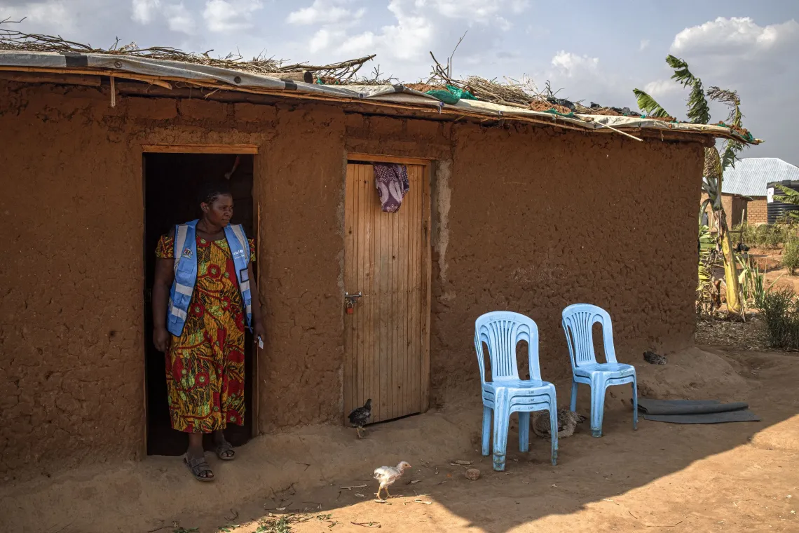 Village Health Team (VHT) volunteer Uwase Christine at her home in Kabazana B, Nakivale Refugee Settlement in Isingiro District, Uganda, on September 9, 2026. Uwase works within her community to screen children for acute malnutrition, follow up with children receiving nutrition care, and refer those who need further assessment or treatment to health facilities. Her work brings nutrition services closer to families through regular household visits and follow-up.