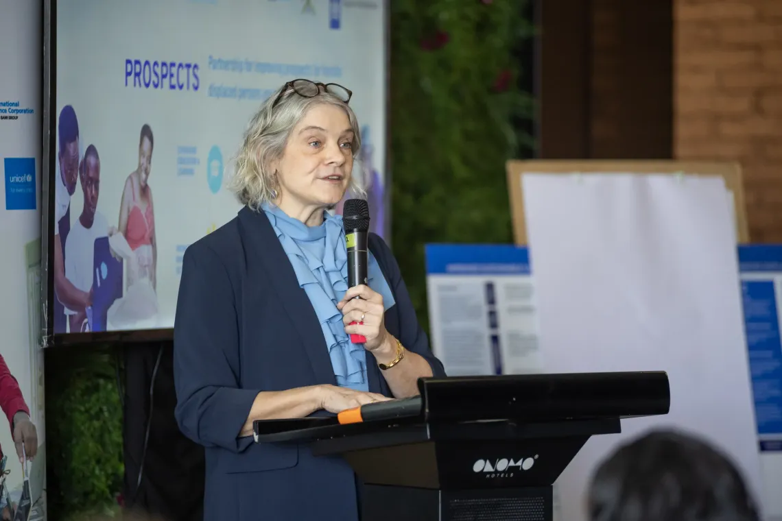 Angele Samura, Ambassador of the Kingdom of the Netherlands, delivers remarks during the opening of the PROSPECTS Phase 2 Uganda Monitoring, Evaluation and Learning (MEL) Session at Onomo Hotel in Kampala, Uganda, on September 21, 2026.