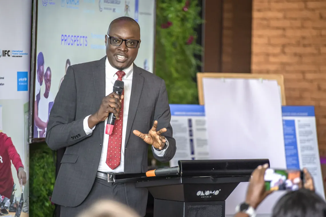 Tony Ameny, Acting Commissioner for Refugees Management at the Office of the Prime Minister (OPM), delivers remarks and officially opens the PROSPECTS Phase 2 Uganda Monitoring, Evaluation and Learning (MEL) Session at Onomo Hotel in Kampala, Uganda, on September 21, 2026.