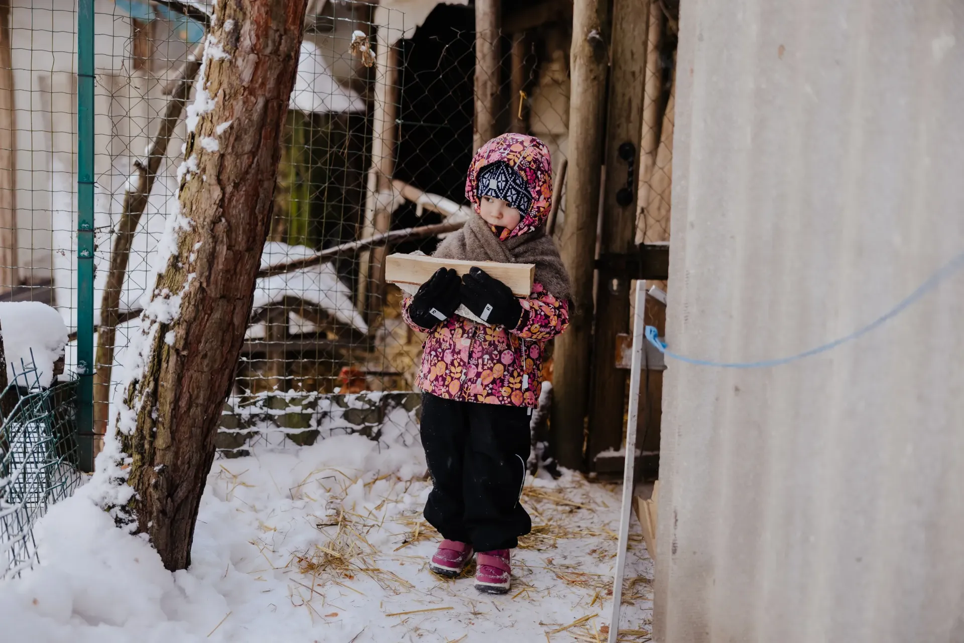 A girl carrying firewood outside in winter
