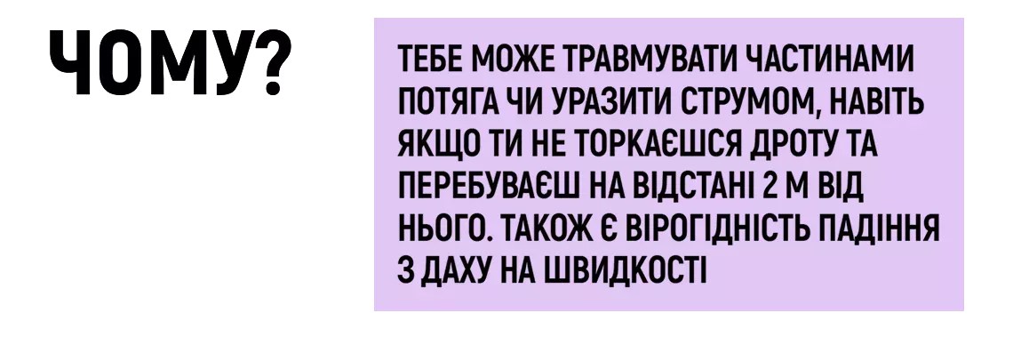 Чому? - Тебе може травмувати частинами потяга чи уразити струмом, навіть якщо ти не торкаєшся дроту та перебуваєш на відстані 2 м від нього. Також є вірогідність падіння з даху на швидкості.