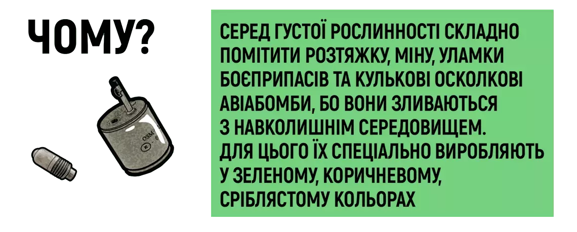 Чому? - Серед густої рослинності складно помітити розтяжку, міну, уламки боєприпасів та кулькові осколкові авіабомби, бо вони зливаються з навколишнім середовищем. Для цього їх спеціально виробляють у зеленому, коричневому, сріблястому кольорах.