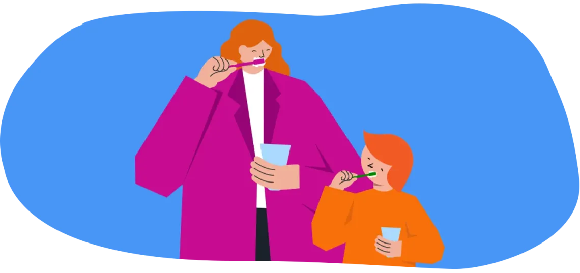 An illustration of a mom and a boy brushing their teeth