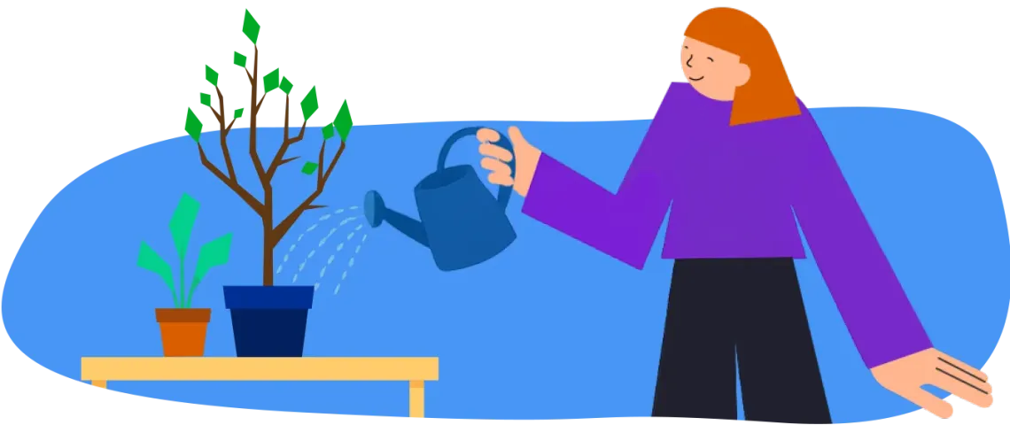An illustration of a woman watering plants