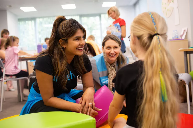 On 1 August 2022, UNICEF Goodwill Ambassador Priyanka Chopra Jonas interacts with children while visiting the Education and Development Hub in Warsaw, Poland.