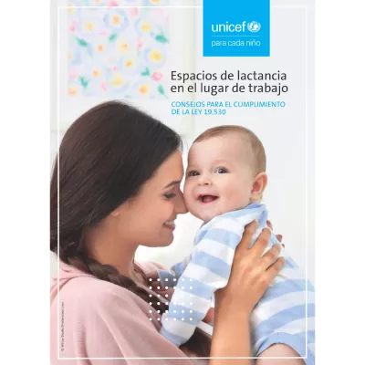 Tapa de folleto "Espacios de lactancia en el lugar de trabajo. Consejos para el cumplimiento de la ley 19530", con la foto de una madre sosteniendo a un beb&eacute;.