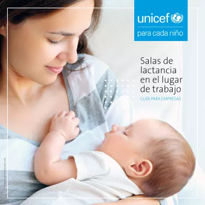 Tapa de la gu&iacute;a para empresas "Salas de lactancia en el lugar de trabajo", con la foto de una mujer sosteniendo a un beb&eacute; contra su pecho.