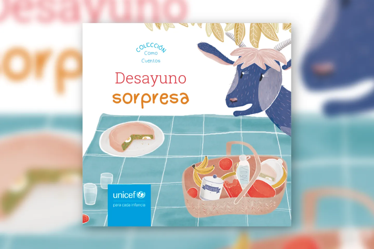 Tapa del cuento &ldquo;Desayuno sorpresa&rdquo;, con la ilustraci&oacute;n de un picnic con una pascualina y una canasta de frutas, agua y galletas. Al costado se asoma una cabra.