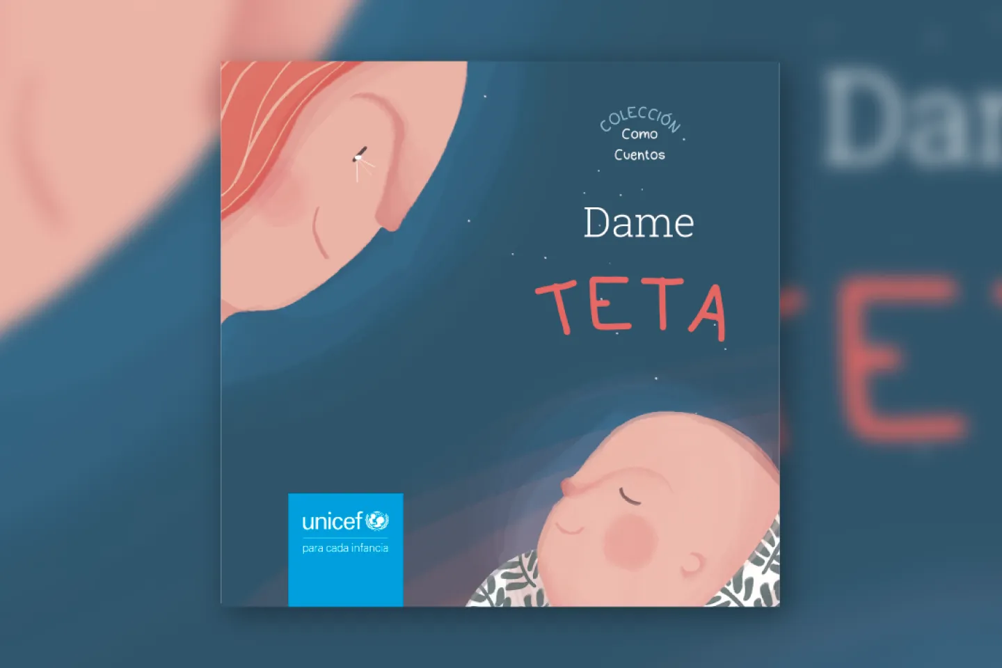Tapa del cuento &ldquo;Dame teta&rdquo;, con la ilustraci&oacute;n de la cara de una se&ntilde;ora y un beb&eacute; acerc&aacute;ndose, sobre un fondo azul.