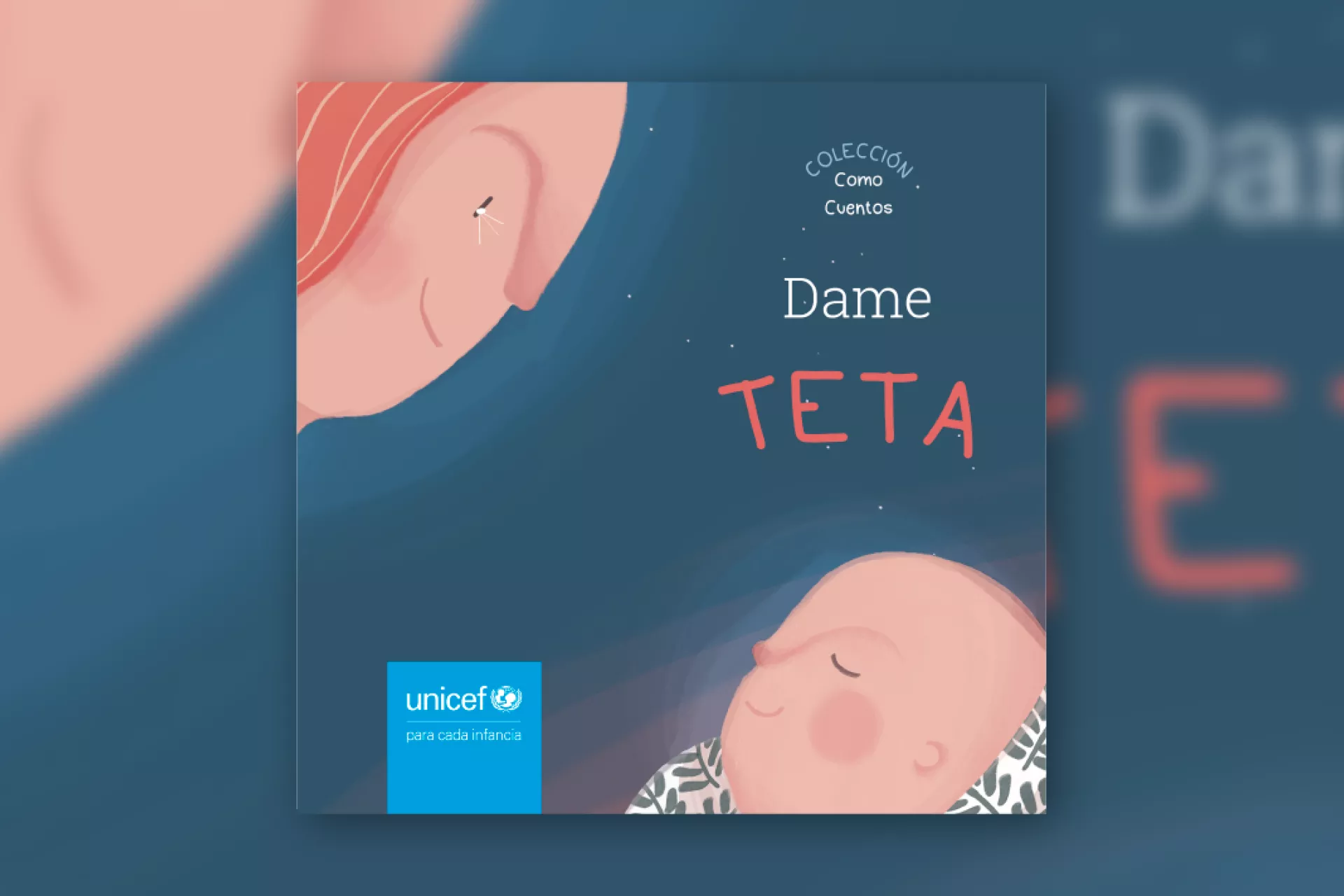Tapa del cuento &ldquo;Dame teta&rdquo;, con la ilustraci&oacute;n de la cara de una se&ntilde;ora y un beb&eacute; acerc&aacute;ndose, sobre un fondo azul.